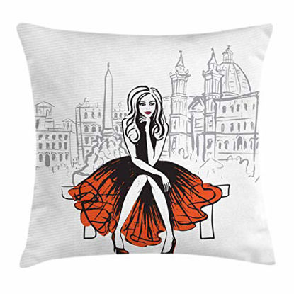 Picture of Ambesonne Sketchy Throw Pillow Cushion Cover, Hand Drawn Image of a European Woman with Abstract Landmarks Print, Decorative Square Accent Pillow Case, 18" X 18", Orange Black