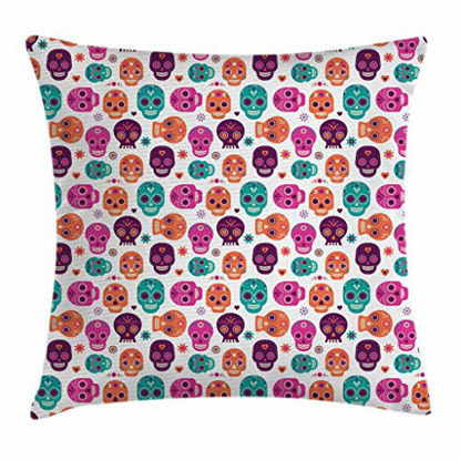 Picture of Ambesonne Day of The Dead Throw Pillow Cushion Cover, Dia de Los Muertos Skull Floral Style Design Print, Decorative Square Accent Pillow Case, 18" X 18", Orange Seafoam