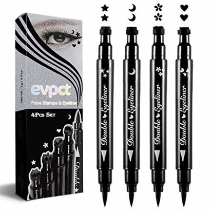 Picture of evpct 4 in 1 Flowers Hearts Moon Stars Shapes Face Stamps Eyeliner Pen Set, Face Tattoo Makeup Stamp Liquid Eyeliner Black Wing Winged Cat Eye Freckle Stamp Eyeliner Pencil Pen Waterproof Long Lasting