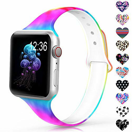 Picture of Sunnywoo Sport Band Compatible with Apple Watch 38mm 40mm 42mm 44mm, Narrow Soft Fadeless Floral Silicone Slim Thin Replacement Wristband for iWatch Series 4/3/2/1 Women Men