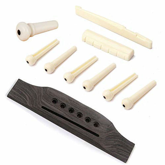 Picture of Jiayouy 6 String Acoustic Guitar Rosewood Bridge Saddle Nut Pins Set Including Bridge & Six Bridge Pins & End Pin & Saddle and Nut Replacement Parts - Style B, Beige