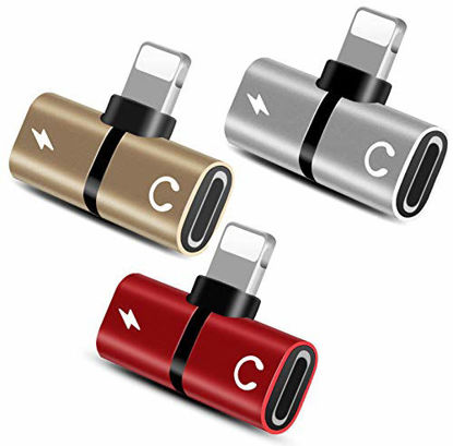 Picture of Headphone Charger Splitter, 2 in 1 Dual Port Headphone Adapter Jack Audio + Charge Cable Compatible with with Mobile Digital Device + Sync Data + Music Control (Gold, Silver, Red) 3-Pack