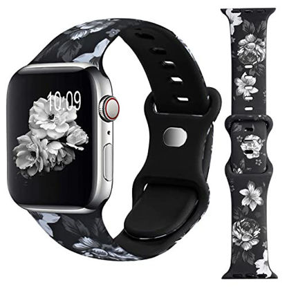 Picture of EXCHAR Floral Pattern Strap Compatible with Apple Watch Band 38mm 40mm 41mm for Women Men, Fadeless Flower Printed Silicone Wristband for iWatch Series 7 6 5 4 3 2 1 SE, Elegant Flower