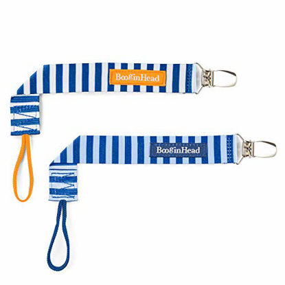 Picture of BooginHead Baby Newborn PaciGrip Pacifier Holder Nautical Stripes, Blue/White (Pack of 2), Blue