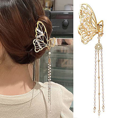 Picture of Butterfly Clips 1PCS Butterfly Metal Hair Claw Clip Gold Hairpin Fashion Nonslip Hair Clamps Butterfly Tassel Hair Catch Clip Hair Accessories Hair Clips for Styling Thick Hair Thin Hair Women Girls