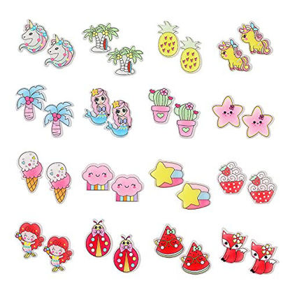 Picture of HIFOT 16 Pairs Clip on Earrings Princess Jewelry for Girl, Cute Ladybug Ice Cream Mermaid Unicorn Hypoallergenic Earrings for Toddler Kids Party Favor Dress Up Earrings