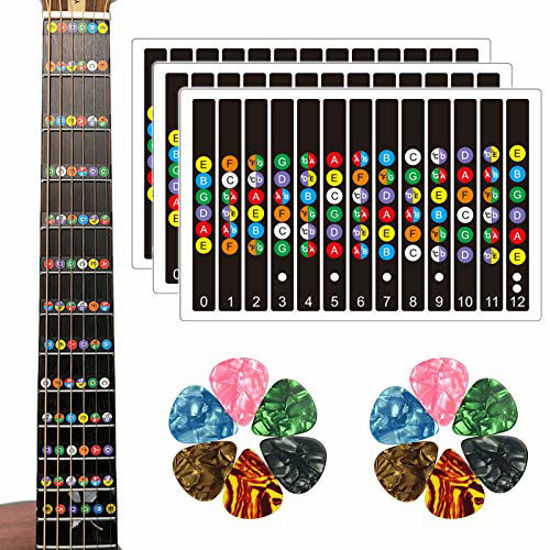 Picture of Guitar Stickers, 3 Pcs Guitar Fretboard Stickers for Beginners Guitar Note Stickers With 12 Pcs Guitar Picks (3 Guitar Stickers)