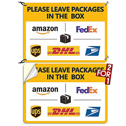 Picture of Package Delivery Sign Delivery Instructions Sign 2 Pack Leave Packages in The Box Sign ,Two For One : 1 Pcs Super Tough PVC+1 Pcs Self Adhesive Vinyl , Rust-Free, Weather-Proof