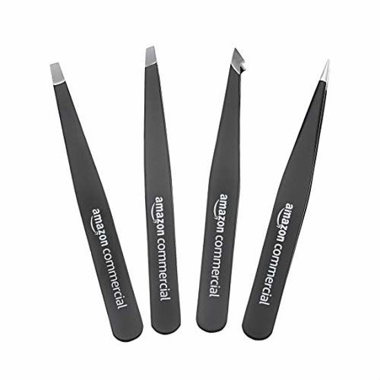 Picture of AmazonCommercial Eyebrow Tweezers, Stainless Steel Slant Tweezer Set and Pointed Hair Removal Tweezers, Precision Tweezers for Ingrown Hair, Eyebrows Plucking, 4-Pack