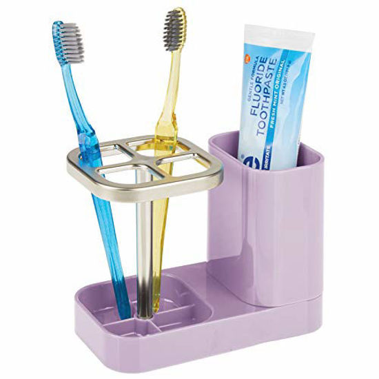 Picture of mDesign Bathroom Vanity Countertop Toothpaste & Toothbrush Holder Stand with Cup/Dental Center, Holds Electric Toothbrushes - Light Purple/Satin