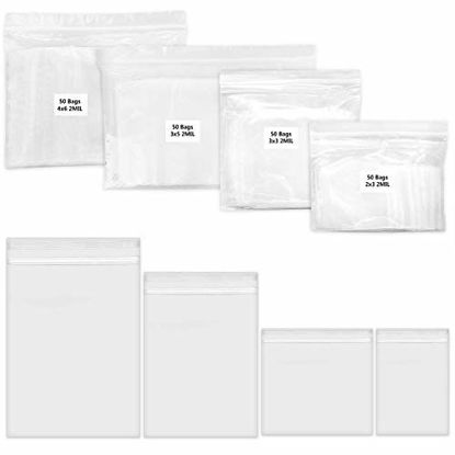 Picture of 200 Pack 2 Mil Thick PP Bags for Jewelry, 4 Assorted Sizes, 2x3 3x3 3x5 4x6 Inch. 50 Counts Each Size, Clear Durable Food Grade Safe. Resealable Zipper Baggies for Jewelry, Bead, Toy Piece, Pill.