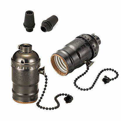 Picture of Onite Vintage Lamp Socket, 2 PCS UL Listed E26 Type 1/8 inch Pipe Thread US-Standard Screw Basic Metal Lamp Socket with Pull Chain Switch (Black)