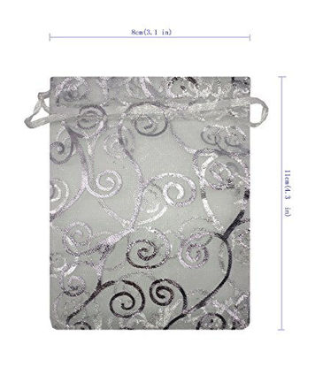 Picture of Ankirol 100pcs Sheer Organza Favor Bags for Wedding Baby Shower Rattan Print Gift Bags Samples Display Drawstring Pouches (3x4, Silver)