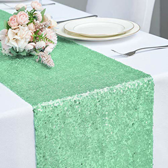 Picture of Hahuho 12x108 Inch Sequin Table Runner Mint Green Glitter Table Runner for Party, Wedding, Bridal Baby Shower, Event Decorations1PC, 12x108 Inch, Mint Green