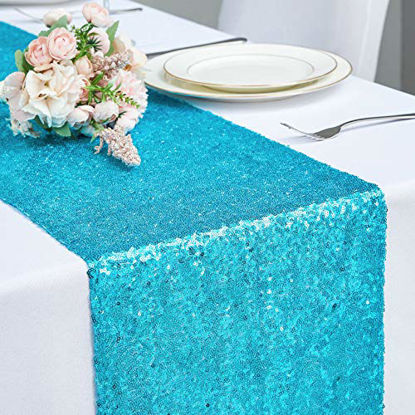 Picture of Hahuho 12x108 Inch Sequin Table Runner Turquoise Glitter Table Runner for Party, Wedding, Bridal Baby Shower, Event Decorations1PC, 12x108 Inch, Turquoise