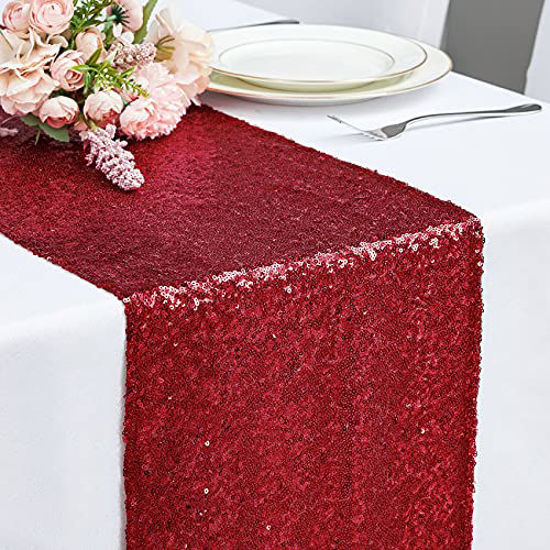 Picture of Hahuho 12x108 Inch Sequin Table Runner Burgundy Glitter Table Runner for Party, Wedding, Bridal Baby Shower, Event Decorations1PC, 12x108 Inch, Burgundy