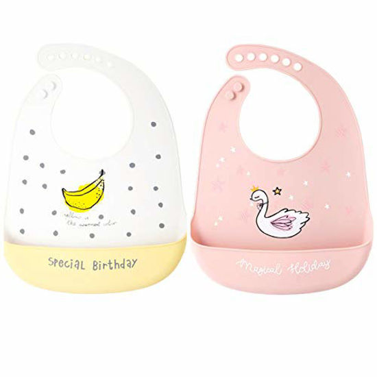 Picture of Xdemeno Silicone Baby Bibs Easily Wipe Clean - Comfortable Soft Waterproof Bib Keeps Stains Off, Food Grade BPA Free, 2pcs (Banana + swan)