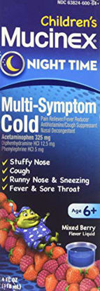 Picture of Cold, Cough, and Fever, Mucinex Children's Multi-Symptom, Night Time Cold Liquid, Mixed Berry, 4oz, Reduces Fever, Controls Cough, Relieves Stuffy Nose, "Packaging May Vary"