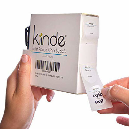 Picture of Kiinde Twist Cap Single-Use Write-On Labels for Breast Milk and Baby Food Storage Pouches (Pack of 250) - Includes Label Dispenser with Marker and Marker Holder - Date/Volume