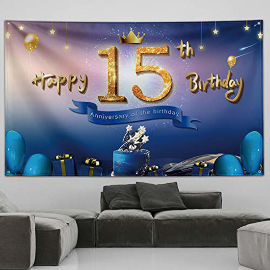 Happy 15th Birthday Banner Decorations for Boy - Blue Gold 15 Birthday Backdrop
