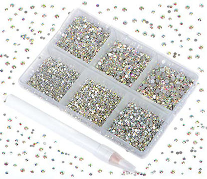 Picture of Bymitel 7200 Pieces 6 Mixed Sizes Glue Fix on  Glass Rhinestones Round Crystal Gems Flatback for DIY Jewelry Making with one Picking Pen(6-Sizes 7200PCS, Clear Crystal)