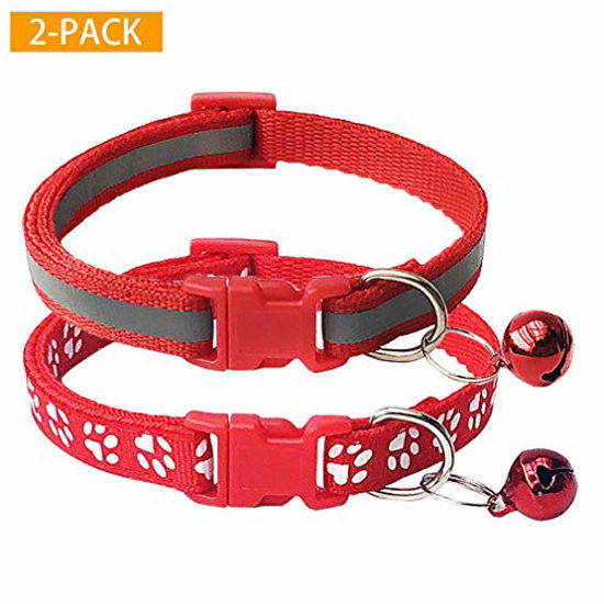 Picture of CHBORCHICEN 2-Pack Footprint & Reflective Cat Collar with Bell Basic Dog Cat Collar Buckle Adjustable Polyester Cat Dog Collar or Seatbelts (X-Small, Red)