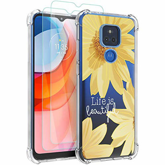 Picture of Osophter for Moto G Play 2021 Case with 2pcs Screen Protector Clear Transparent Reinforced Corners TPU Shock-Absorption Flexible Cell Phone Cover for Motorola G Play 2021(Big Sun Flower)