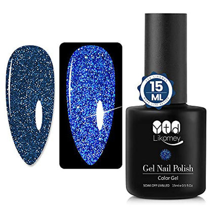 Picture of YTD Likomey Reflective Flash Gel Nail Polish, 1 Pcs 15ml Diamond Glitter Explosion Sapphire Blue Color Holographic Sparkly Shiny Shimmer Gel Polish,Soak-off UV/LED Lamp Cured,Winter Christmas Gift for Woman Manicure Salon Home DIY Use