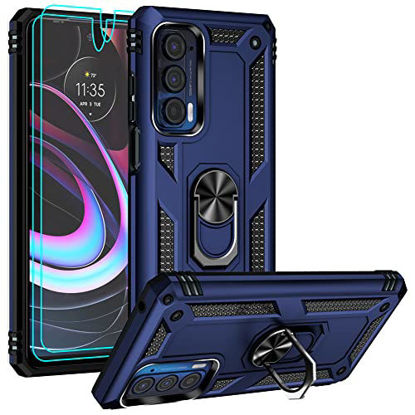 Picture of Motorola Moto Edge 2021 Case, Moto Edge 5G UW Case with HD Screen Protectors, Androgate Military-Grade Metal Ring Kickstand 15ft Drop Tested Shockproof Cover Case, Blue