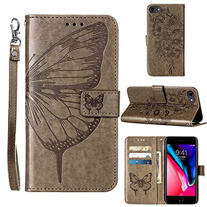 Picture of Compatible for iPhone 8 Wallet Case,iPhone 7 Case,iPhone SE 2020 Case,iPhone 6/6S Case,[Kickstand][Wrist Strap][Card Holder Slots] Butterfly Floral Embossed PU Leather Flip Protective Cover (Gray)