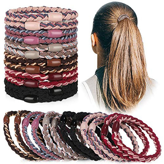 Picture of 12 Pieces Cotton Hair Ties Braided Hair Bands Elastic Hair Ties Ropes Braided Ponytail Holders Hair Accessories for Women Girls Thick Heavy and Curly Hair (Assorted Colors)