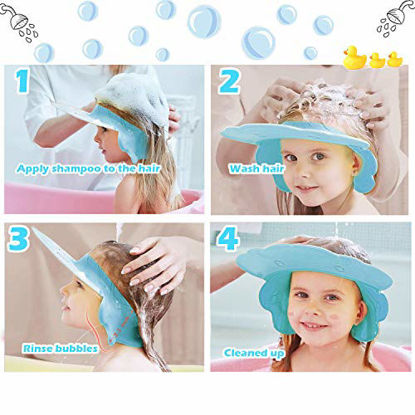 Picture of Hair Washing Hat Shower Bath Silicone Cap Soft Adjustable Visor Head Protector Shampoo Cap for Toddler, Baby, Kids, Children (Blue)