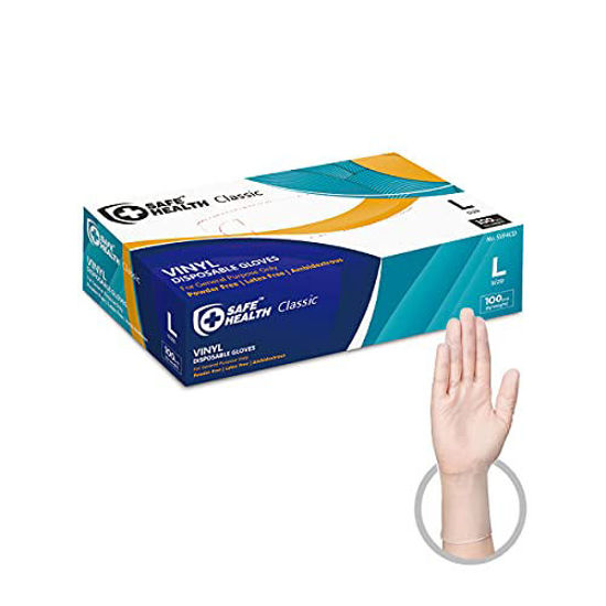 Picture of SAFE HEALTH Clear Vinyl Disposable Gloves-Large | Box of 100 | Latex Free-Powder Free-Accelerator Free | Food-Cleaning-Salon Beauty Service-Office-Household-Daily