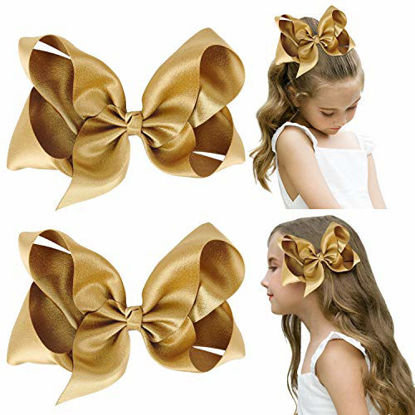 Picture of DEEKA 2 PCS 6" Big Hand-made Shiny Glitter Ribbon Hair Bows Alligator Clips Hair Accessories for Little Teen Toddler Girls Kids Set of 2 -Gold