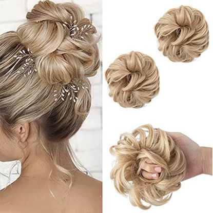 Picture of SARLA Messy Bun Hair Piece Wavy Curly Synthetic Scrunchies Bun Extension for Women Girls Peach Puff 2PCS H2&18/60