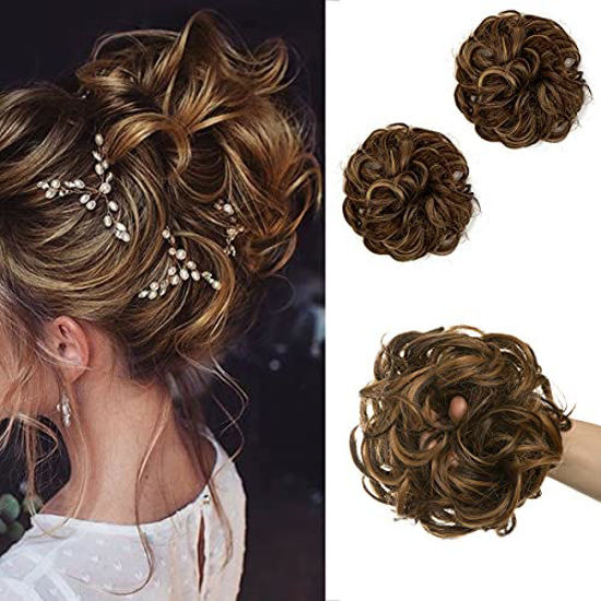 Picture of SARLA Messy Bun Hair Extension 2Pcs Synthetic Scrunchies Updo Ponytail Hair Piece for Women Girls Dark Brown With Golden Highlight H2&4BH27