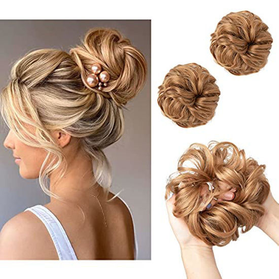 Picture of SARLA Messy Bun Hair Piece Strawberry Blond 2PCS Wavy Curly Synthetic Scrunchies Bun Extension for Women Girls H2&27/30