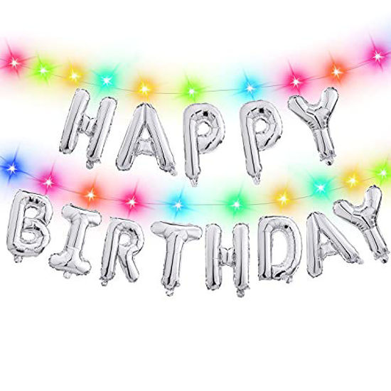 Picture of Happy Birthday Banner (3D Sliver LED Lettering) Mylar Foil Letters | Inflatable Party Decor and Event Decorations for Kids and Adults | Reusable, Ecofriendly Fun