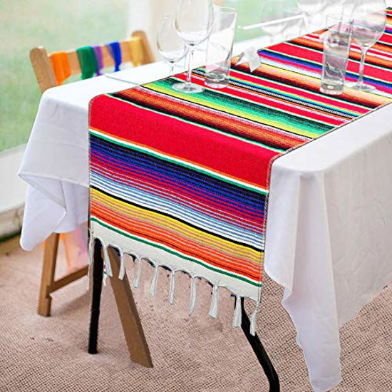 Picture of Fowecelt Mexican Serape Table Runner 14 x 84 Inch for Mexican Party Wedding Decorations Outdoor Picnics Dining Table, Fringe Cotton Handwoven Table Runners