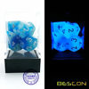 Picture of Bescon Gemini Glowing Polyhedral Dice 7pcs Set ICY Rocks, Luminous RPG Dice Set d4 d6 d8 d10 d12 d20 d%, Brick Box Packaging