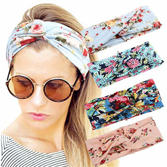 Picture of 4 Pack Women Headband Boho Floal Style Criss Cross Head Wrap Hair Band Set2