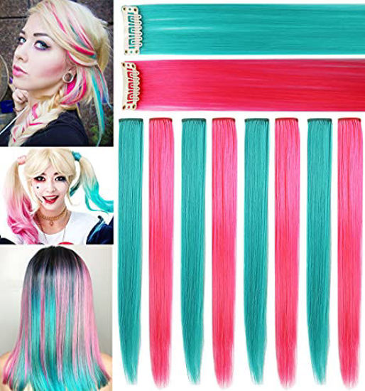 Picture of Rhyme Multi-color Hair Extensions for Girls Princess Party Highlight 21 inch Colored Hair Extensions Clip in/On for Girls and Kids Wig Pieces for Dolls 8PCS (Teal Pink)