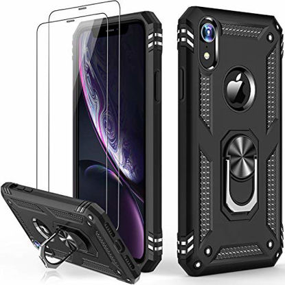 Picture of iPhone XR Case with Tempered Glass Screen Protector,Military Grade 16ft. Drop Tested Cover with Magnetic Ring Kickstand Protective Phone Case for iPhone XR Black