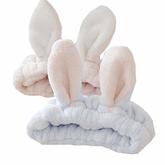 Picture of Women Fashion Soft Flannel Bunny Ear Makeup Cosmetic Shower Elastic Headband 2Pcs