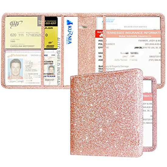 Picture of RSAquar Car Registration and Insurance Holder, Leather Vehicle Card Document Glove Box Organizer, Auto Truck Compartment Accessories for Essential Information, Driver License Cards, Men&Women, Rose Gold Glitter