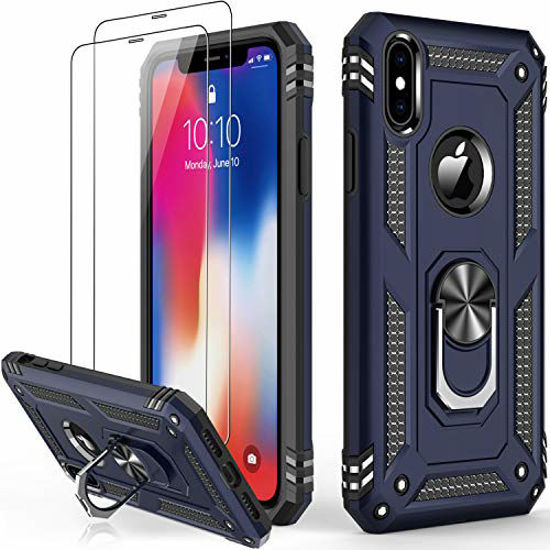 Picture of iPhone Xs Max Case with Tempered Glass Screen Protector,Military Grade 16ft. Drop Tested Cover with Magnetic Ring Kickstand Protective Phone Case for iPhone Xs Max Blue