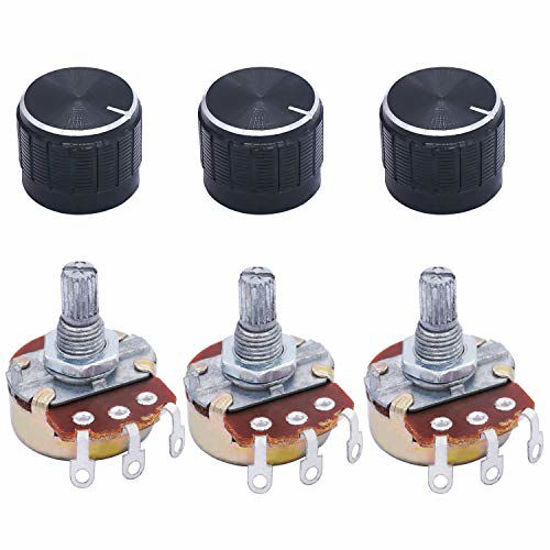 Picture of TWTADE / 3pcs wh138 1k ohm Potentiometer Single Turn Rotary Linear Variable Potentiometer +3pcs black Aluminum alloy knob