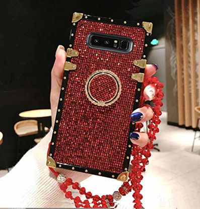 Picture of BABEMALL Compatible for Samsung Galaxy Note 8 Case, Elegant Premium Bling Square Protective Shock Absorption Metal Decoration Corner Back Case with Crystal Strap (Red)