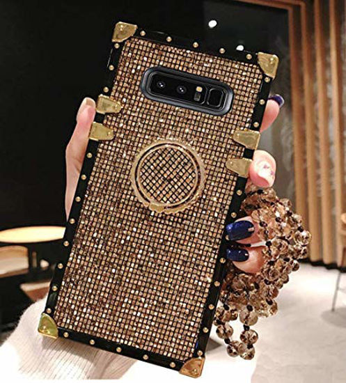 Picture of BABEMALL Compatible for Samsung Galaxy S8 Case, Elegant Premium Bling Square Protective Shock Absorption Metal Decoration Corner Back Case with Crystal Strap (Gold)