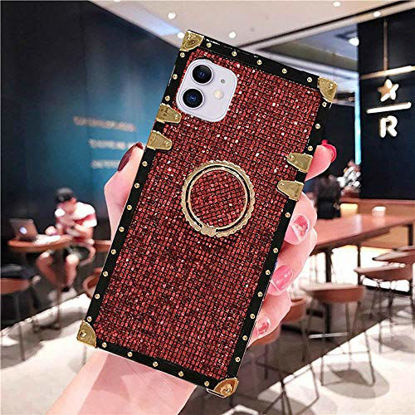 Picture of Compatible for iPhone 11 Pro Max 6.5" Case, BABEMALL Elegant Premium Bling Glitter Square Protective with Shock Absorption Full-Body Rugged Shockproof Back Case with Crystal Strap (RED